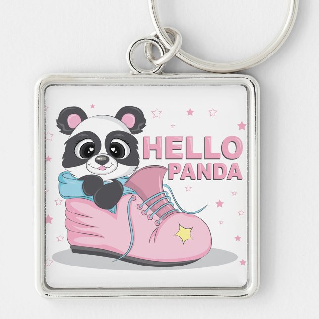 Hej Panda Fyrkantig Silverfärgad Nyckelring (Hello Panda, Keychain! )