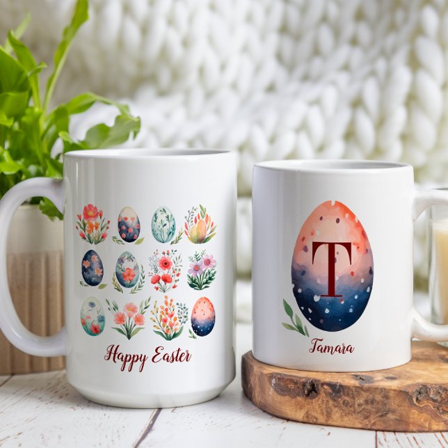 Hej Påsk Colorful Watercolor Egg Monogram Kaffemugg (Skapare uppladdad)