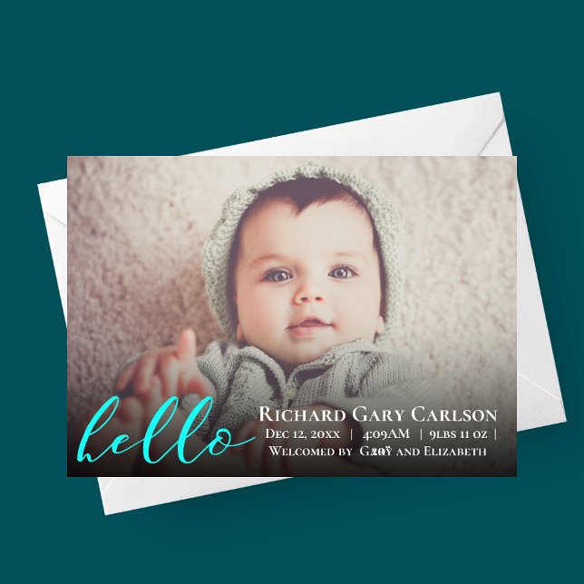 Hej Photo Baby Birth Notice Inbjudningar (bright blue hello baby, photo birth announcement card)