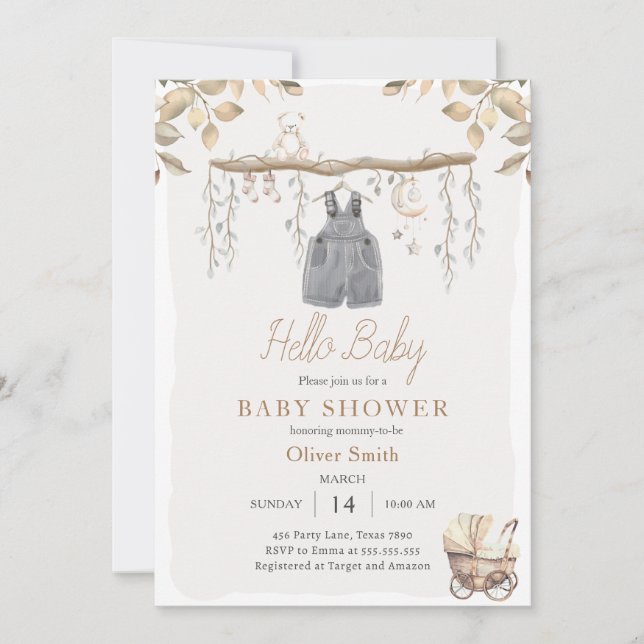 Hej Pojke Clothes Nursery Boho Baby Shower Inbjudningar (Framsida)