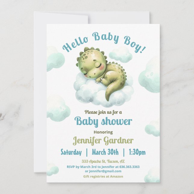 Hej Pojke Cute Dinosaur Blue Baby Shower Inbjudningar (Framsida)
