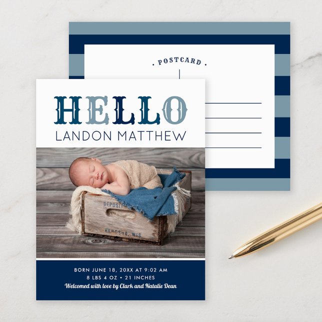 Hej Pojke Photo Birth Announement Postcard Meddelande Vykort (Skapare uppladdad)