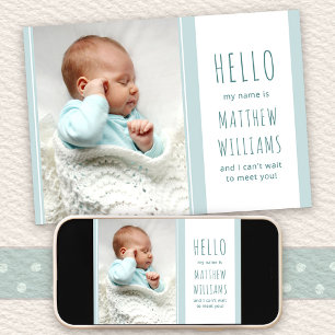 Hej Pojke Photo Blue and White Birth Meddelande