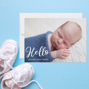 Hej Pojke Photo Simple Script Blue Birth Meddelande