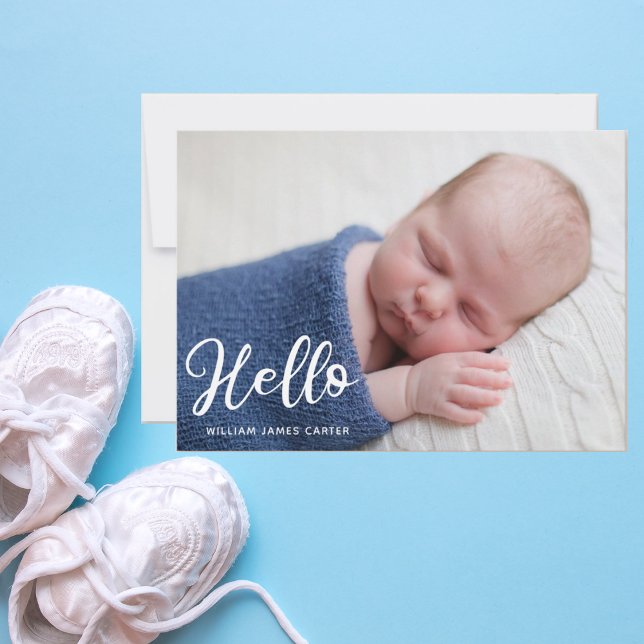 Hej Pojke Photo Simple Script Blue Birth Meddelande (Skapare uppladdad)