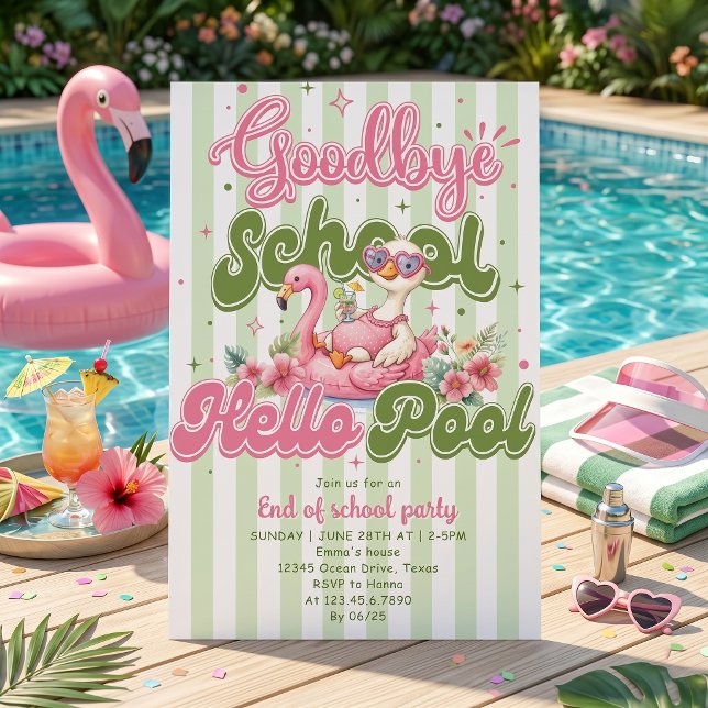 Hej Poolparty Gröna Ränder Inbjudan (Skapare uppladdad)