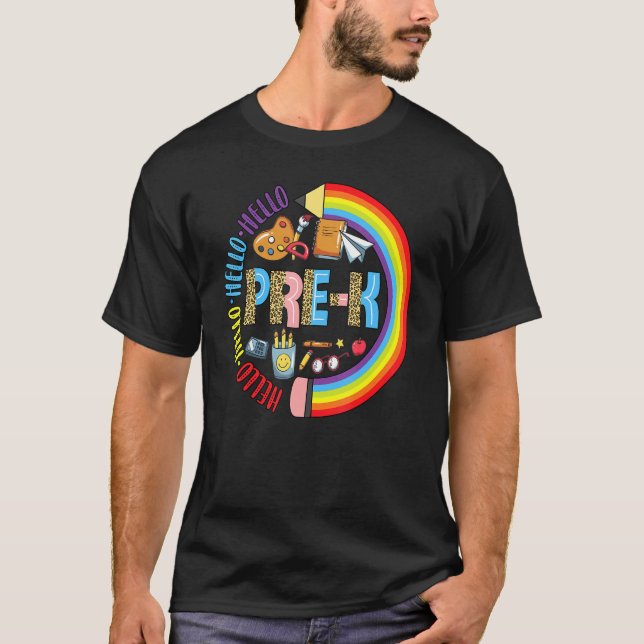 Hej Pre-K Leopard Back to school Pencil Rainbow T Shirt (Framsida)