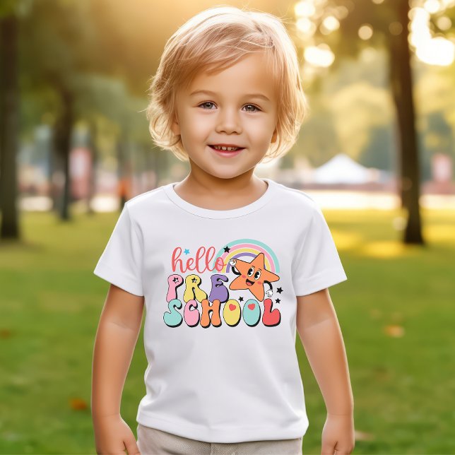 Hej Preschool Retro första dagen regnbåge och stjä T Shirt (Hello Preschool First Day of School)
