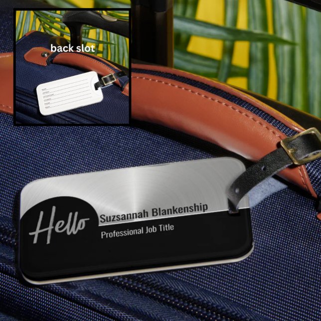 Hej Professionell Falskt Silver Metallisk Bagagebricka (Professional & fun luggage tag faux brushed metallic and black template.)