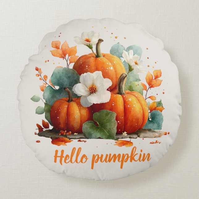 Hej Pumpkin Blommigt Design för höst Rund Kudde (Framsidan)