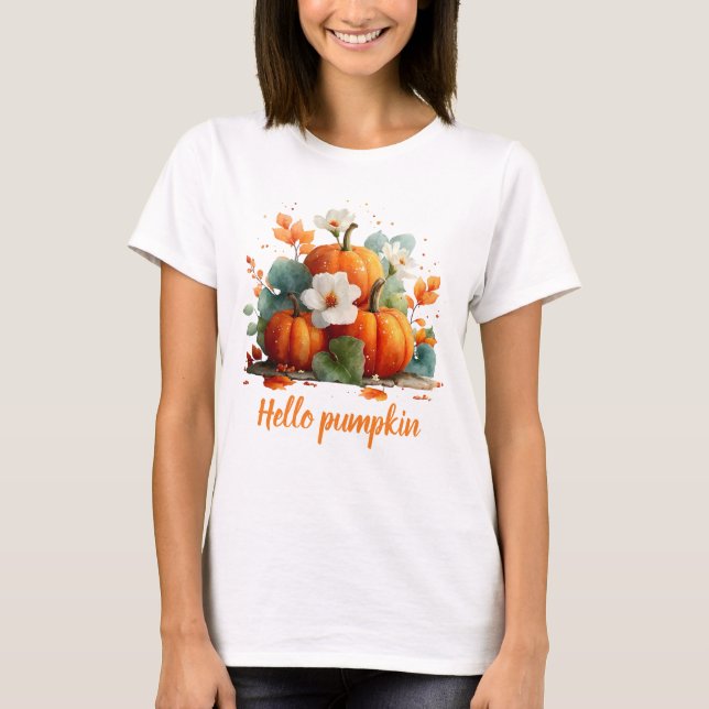 Hej Pumpkin Blommigt Design för höst T Shirt (Framsida)