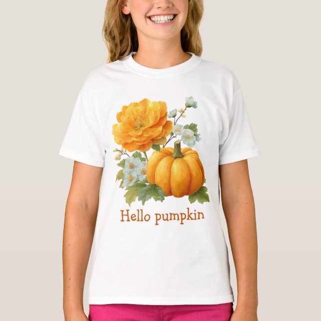 Hej Pumpkin Blommigt Halloween Design Design T Shirt (Framsida)
