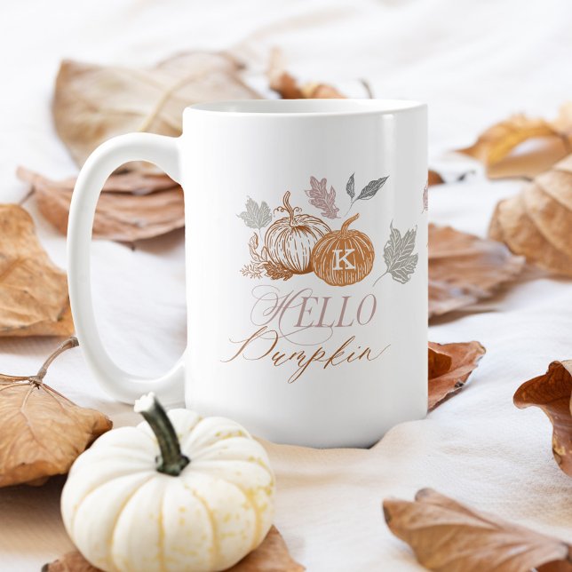 Hej Pumpkin Festive Autumn Höst löv Monogram Kaffemugg (Hello Pumpkin Festive Autumn Fall Leaves Monogram Coffee Mug)