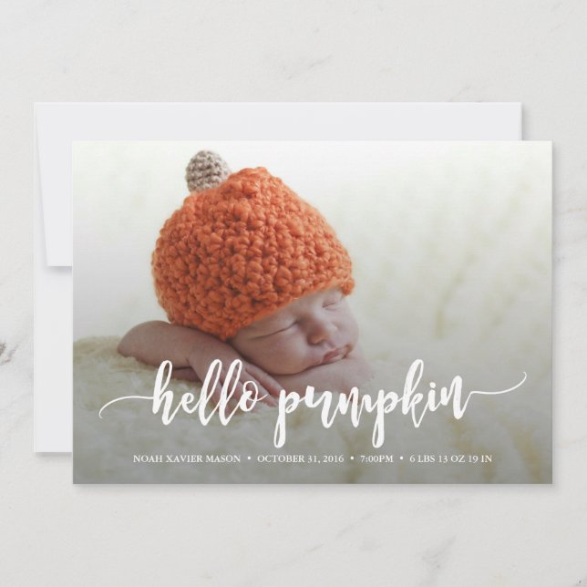 Hej Pumpkin White Script Birth Notice Meddelande (Framsida)