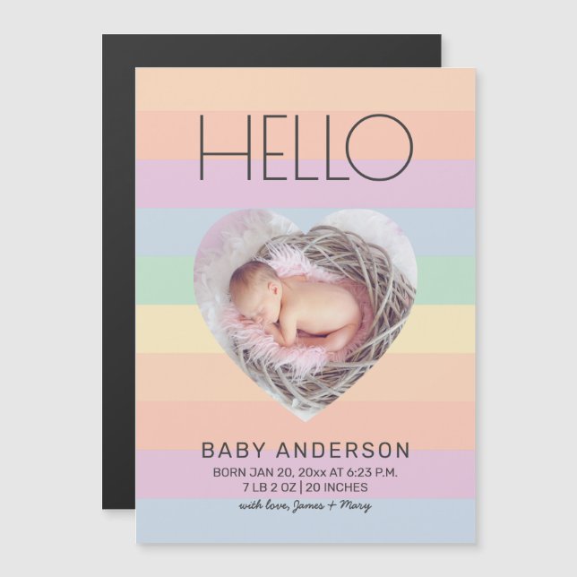 Hej Rainbow Färg Baby Photo Birth Notice Magnetisk Inbjudningskort (Fram/baksida)