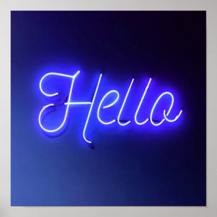 Hej Roligt Neon Blue Sign Bright och Cheerful Poster