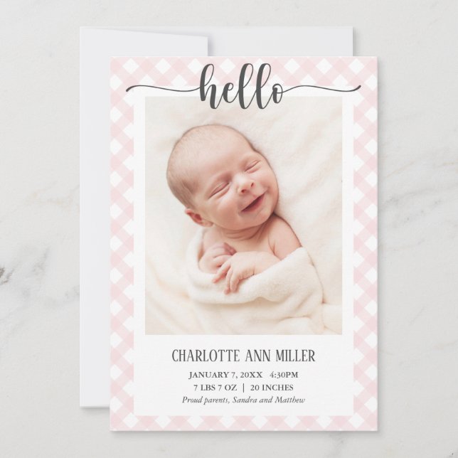 Hej Rosa Gingham Birth Announcement Photo Card Meddelande (Framsida)