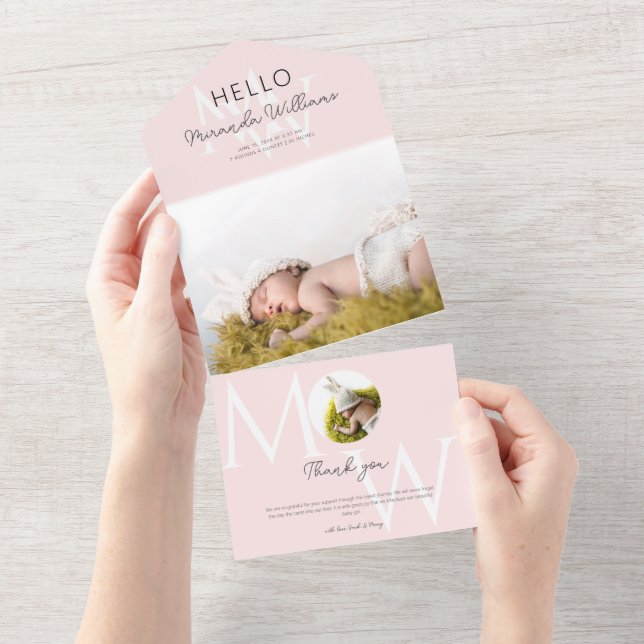 Hej Rosa Monogram Photo Birth Notice (Avrivbar del)