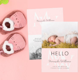 Hej Rosa Monogram Photo Birth Notice Inbjudningar
