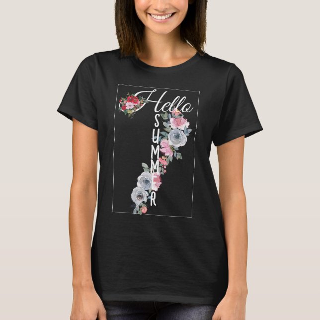 Hej rosa och blåa blommor sommaren t shirt (Framsida)