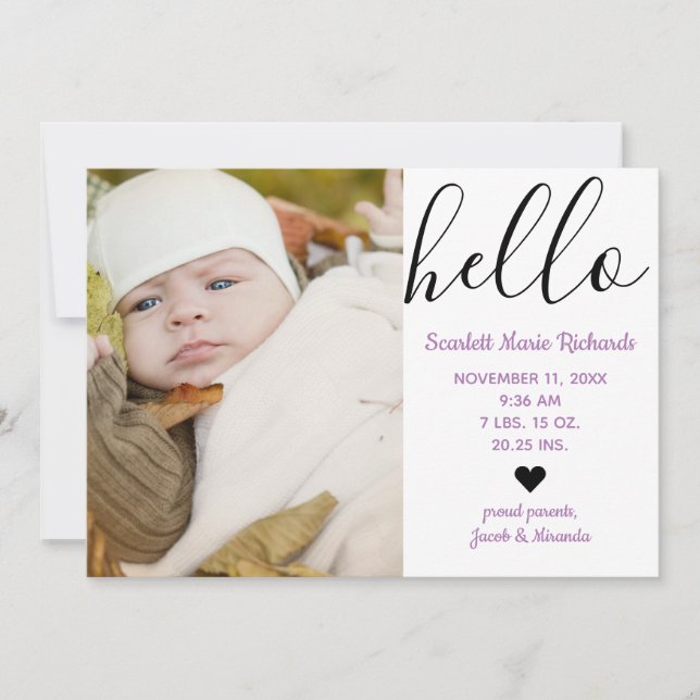 Hej Script Photo Lila - födelsemeddelande Meddelande (Framsida)