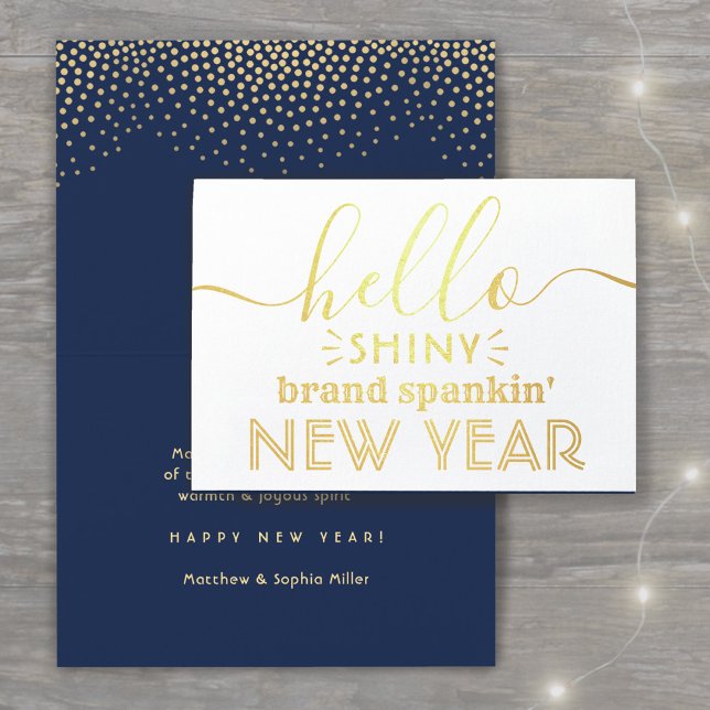 Hej Shiny New Year Navy Blue & Guld Confetti Folierat Kort (Skapare uppladdad)