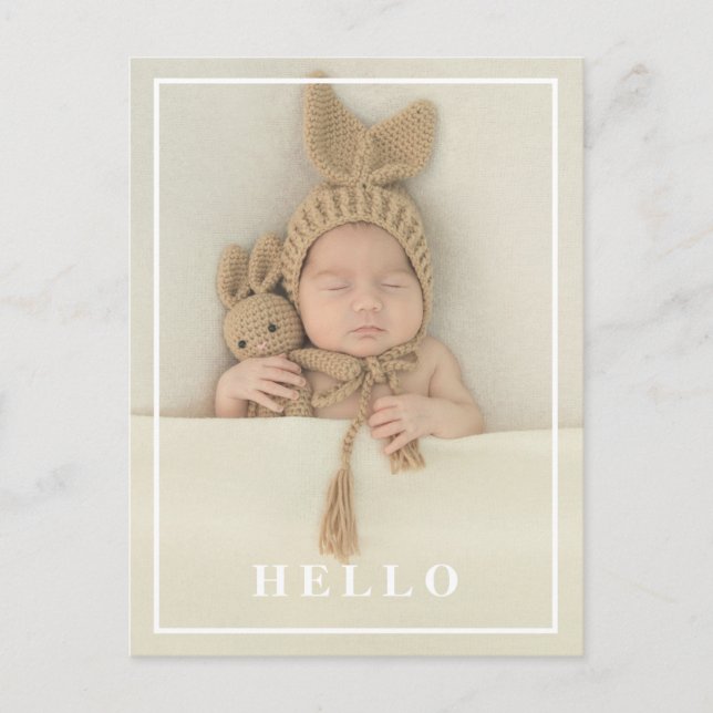 Hej Simple Baby Photo Modern Birth Meddelande Vykort (Framsida)