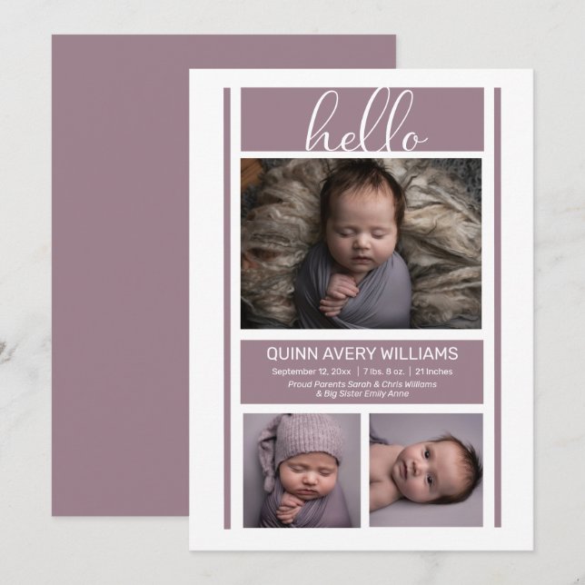 Hej Simple Minimalist Lavender Baby Birth Annou Meddelande (Fram/baksida)