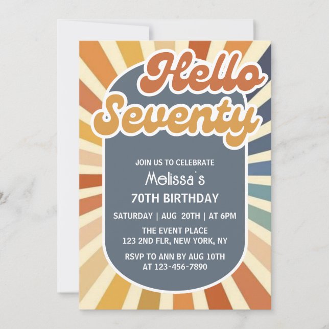 Hej Sjuttio Retro Sol Groovy Wave 70:e födelsedage Inbjudningar (Framsida)