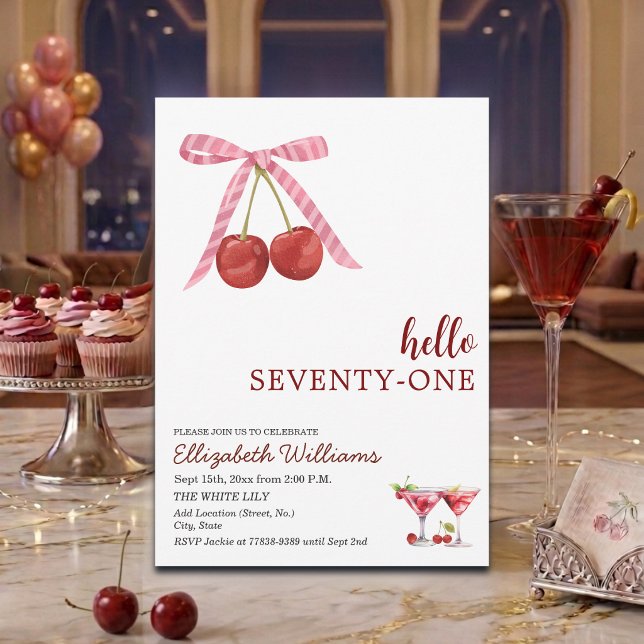 Hej Sjuttioett Cherry Martini Födelsedagsfest Inbjudningar (Skapare uppladdad)