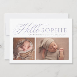 Hej-skript elegant två foto lila födelse meddelande