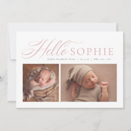 Hej-skript elegant två foto rosa födelse meddelande