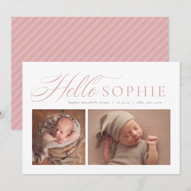 Hej-skript elegant två foto rosa födelse meddelande (Fram/baksida)