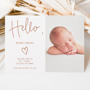 Hej-skript, hjärterakotta, foto baby födelse meddelande