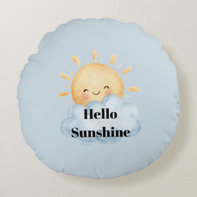 Hej Solsken Blå Gul Lycklig Sol Moln Rund Kudde (Framsidan)
