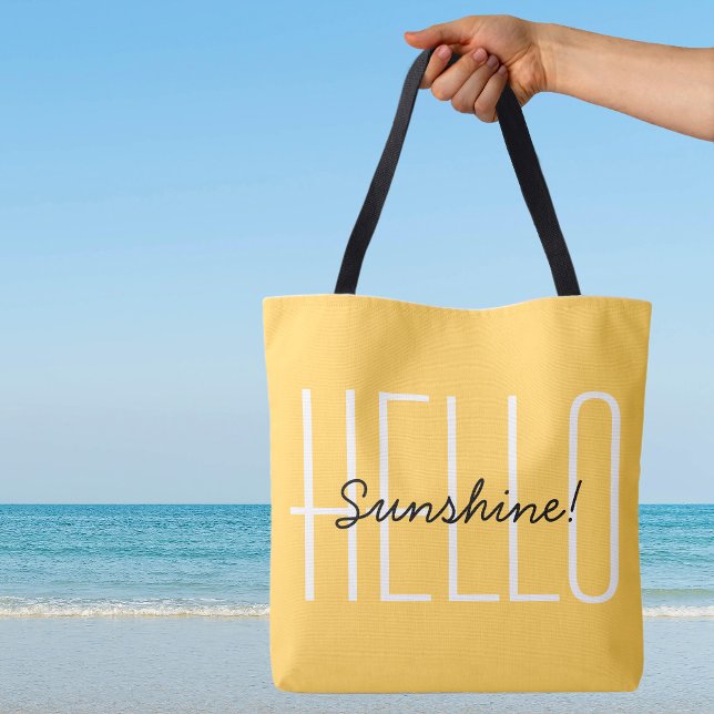Hej Solsken Gul Svart Text Modern Typografi Tygkasse (Cute Hello Sunshine Bright Yellow Black Text Modern Typography Canvas Shopping Beach Travel Tote Bag)