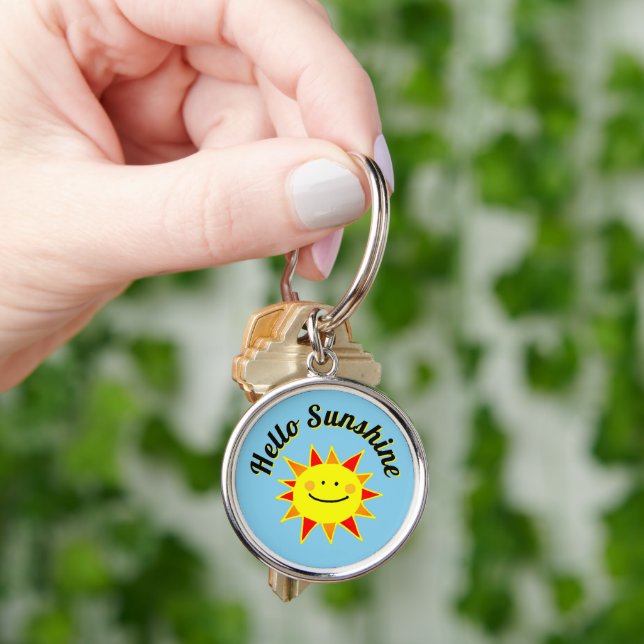 Hej Solsken Söt Glad Sol Design Rund Silverfärgad Nyckelring (Hand)