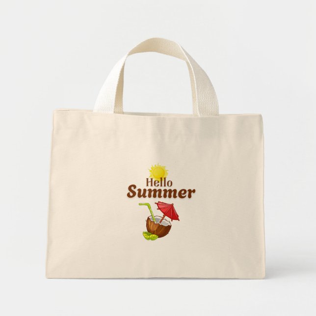 Hej Sommar Gul Sol Kokosnöt Röd Paraply Mini Tygkasse (Framsidan)