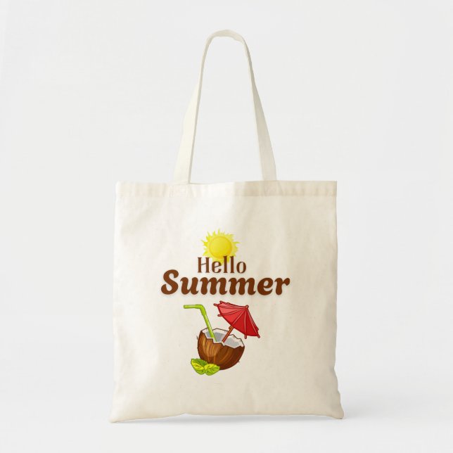 Hej Sommar Gul Sol Kokosnöt Röd Paraply Tygkasse (Framsidan)
