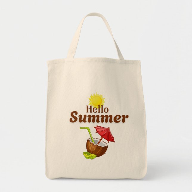 Hej Sommar Gul Sol Kokosnöt Röd Paraply Tygkasse (Framsidan)