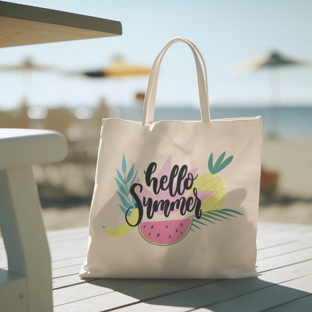 Hej sommar med Flamingo Tropical Tote Bag Tygkasse (hello summer, beach tote bag, vacation tote bag, school tote bag, colorful typography, gift for her)