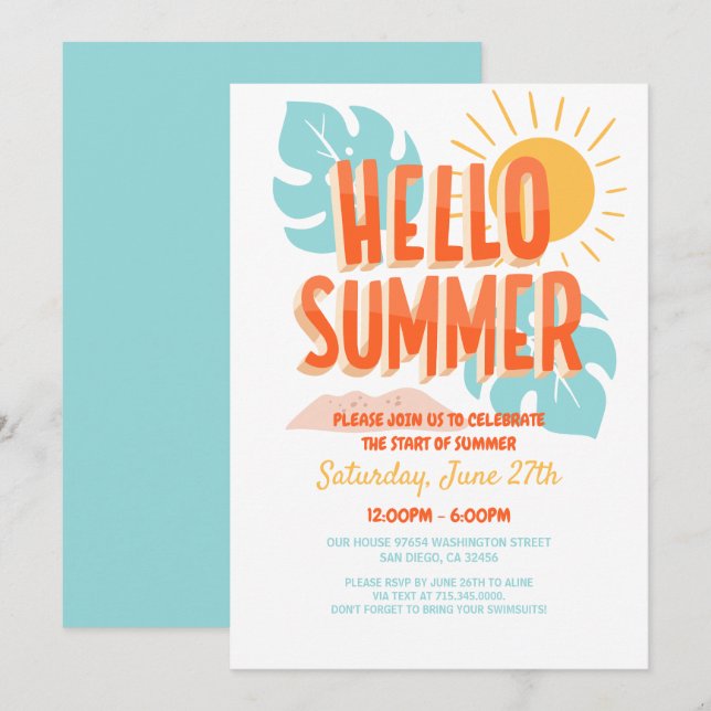 Hej sommar, slut på skolavslutningsfest, poolparty inbjudningar (Fram/baksida)