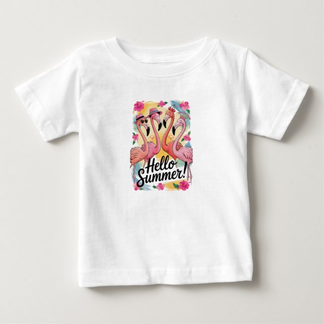Hej sommar söt flamingo strand semester tropisk t shirt (Framsida)