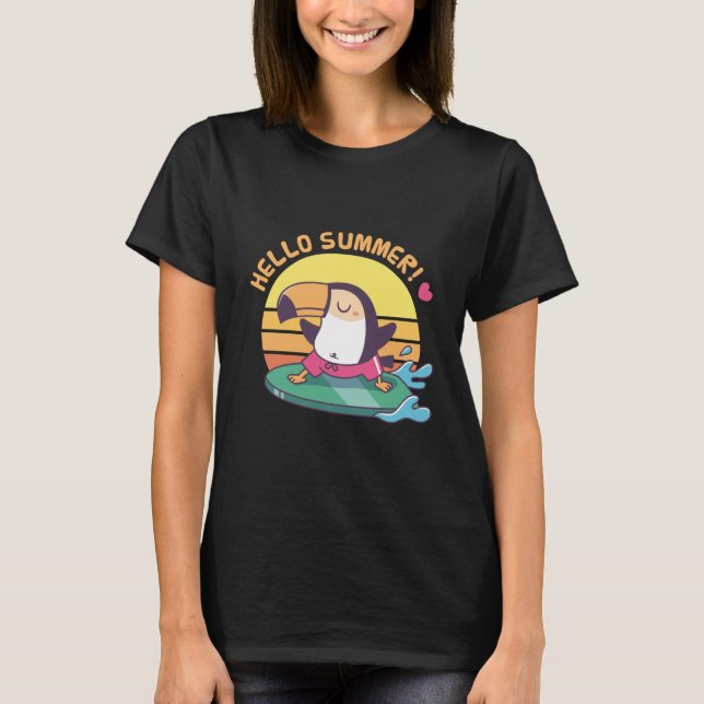 Hej sommar, tukan på surfbord t shirt (Framsida)