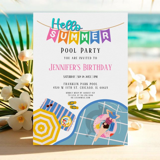 Hej Sommarfärgad Banner Bassäng Party födelsedag Inbjudningar (Skapare uppladdad)
