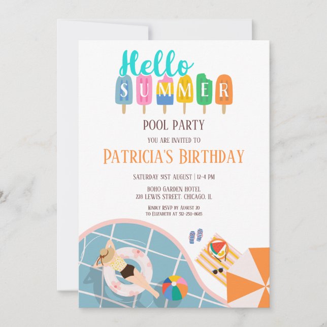 Hej Sommarfärgad iskrämer Bassäng Party Bday Inbjudningar (Framsida)