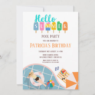 Hej Sommarfärgad iskrämer Bassäng Party Bday Inbjudningar