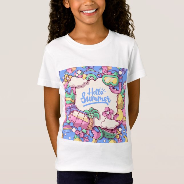 Hej sommarfärgglada klotter tjejer t-shirts (Framsida)