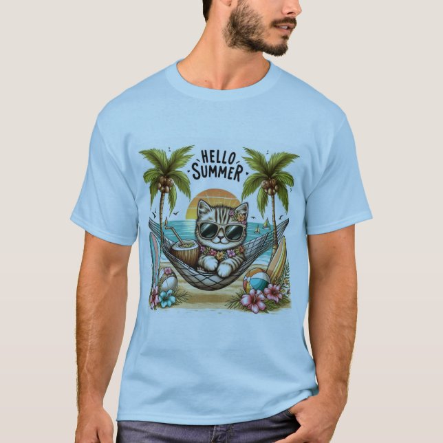 Hej sommarstrand katt t shirt (Framsida)