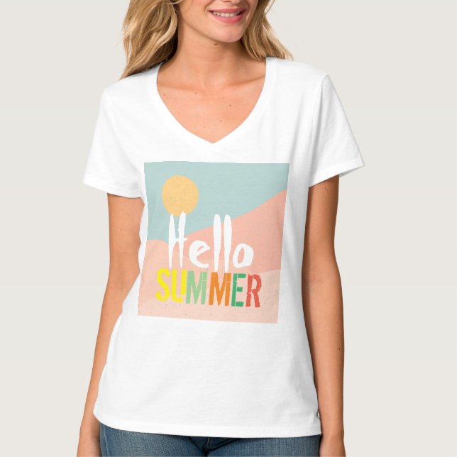 Hej Sommarvita, söta, färgstarka, textbaserade kvi T Shirt (Framsida)